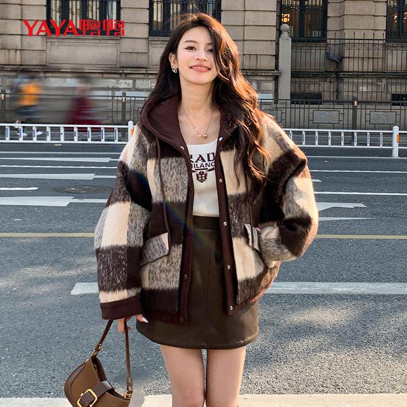 鸭鸭羽绒服2025新款时尚小香风短款两件套版复古毛呢格子大衣外套,女装/女士精品,羽绒服,淘宝优惠券,粉丝福利购,淘宝优惠卷