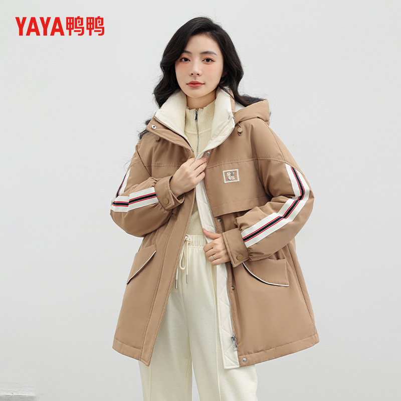 佟丽娅明星同款鸭鸭羽绒服女时尚连帽户外运动撞色工装派克服外套