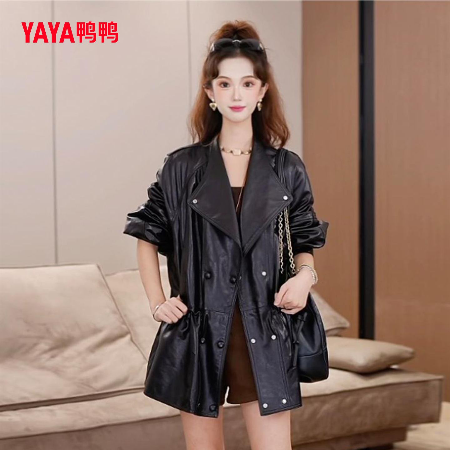 韩版百搭中长款气质羽绒皮衣外套