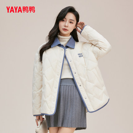 鸭鸭轻薄羽绒服女款撞色拼接减龄气质POLO领外套小众设计感假两件
