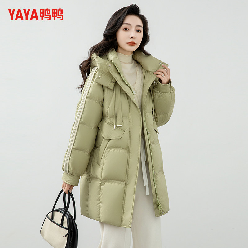 鸭鸭羽绒服中长款连帽拼接外套女