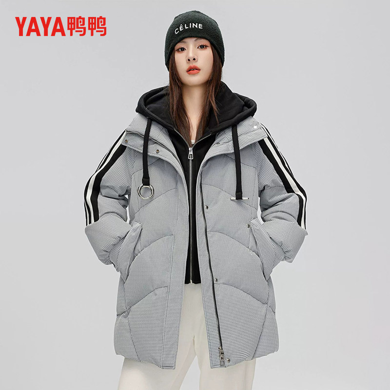 鸭鸭羽绒服女冬季假两件针织连帽中长款韩版休闲运动保暖冬季外套