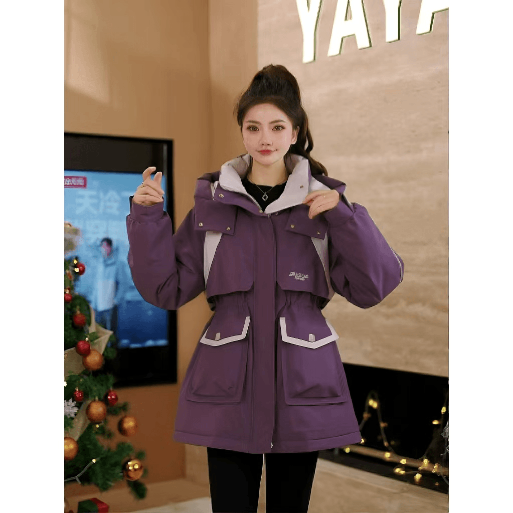 鸭鸭羽绒服女中长款2025新款安可拉红色收腰显瘦连帽风衣羽绒外套