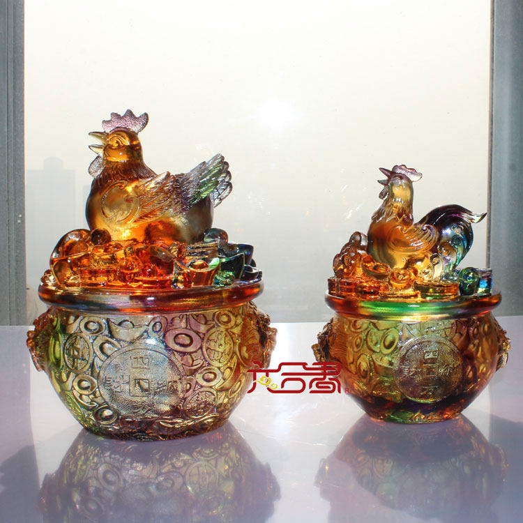 六合春 琉璃金鸡纳财鸡年新品摆件办公桌风水饰品商务招财聚宝盆