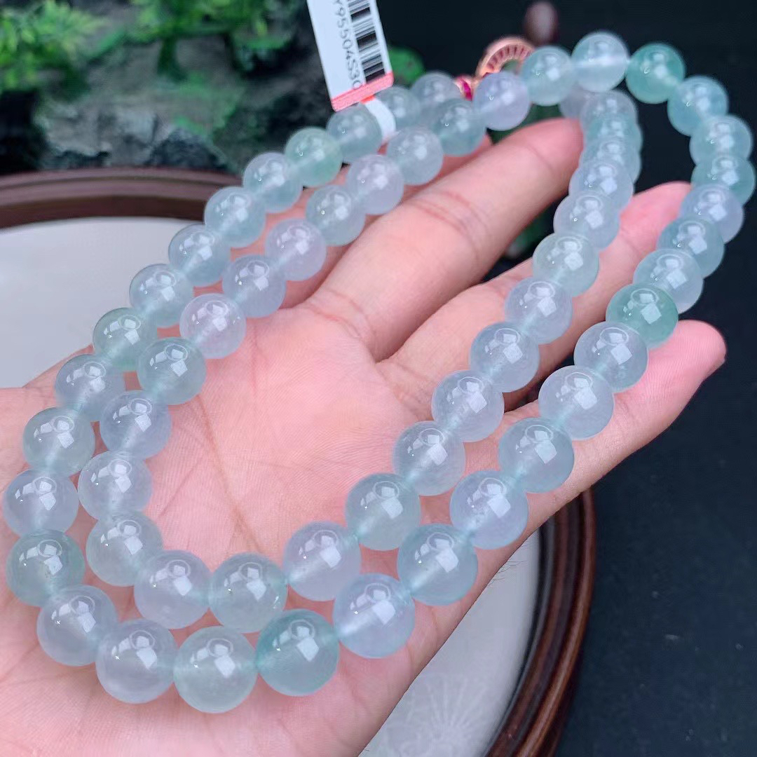 缅甸天然翡翠A货冰种浅绿圆珠项链手链10mm高冰珠链大卡位男女款