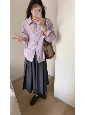 纯棉紫色长袖衬衫女春秋季2025韩版宽松休闲外穿冬季叠穿衬衣外套