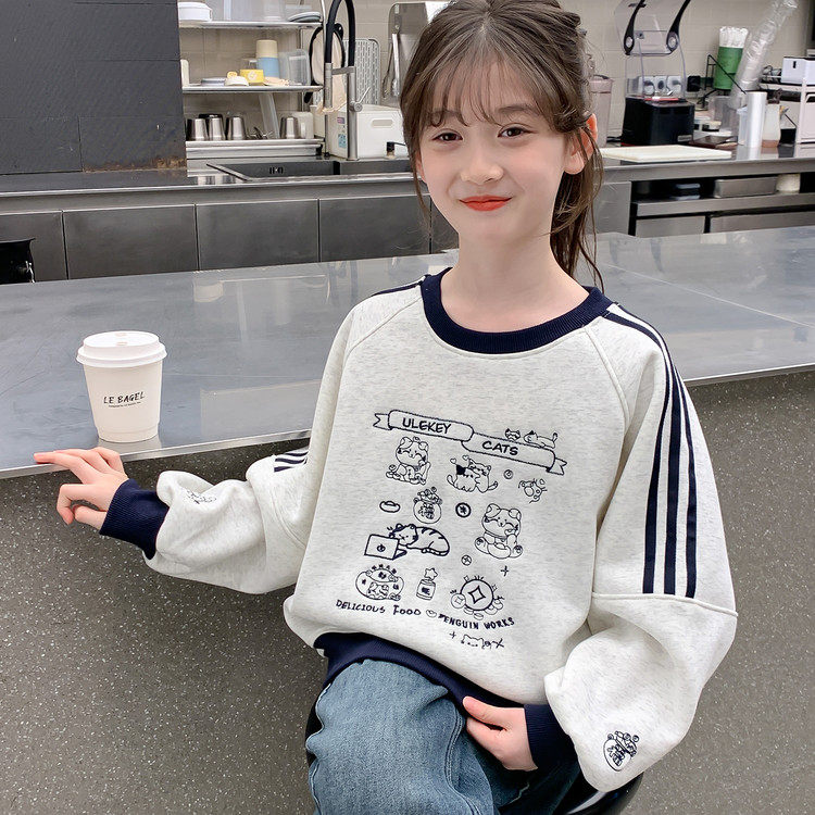 女大童加绒卫衣秋装2025新款初中生女孩保暖上衣冬季加厚打底