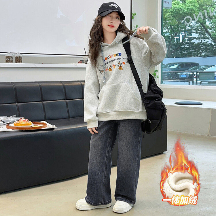 女童加绒卫衣冬装2025新款初中生加厚帽衫中大童一体绒冬季上
