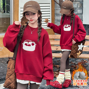 女大童加绒卫衣秋装2025新款初中生女孩保暖上衣冬季加厚打底