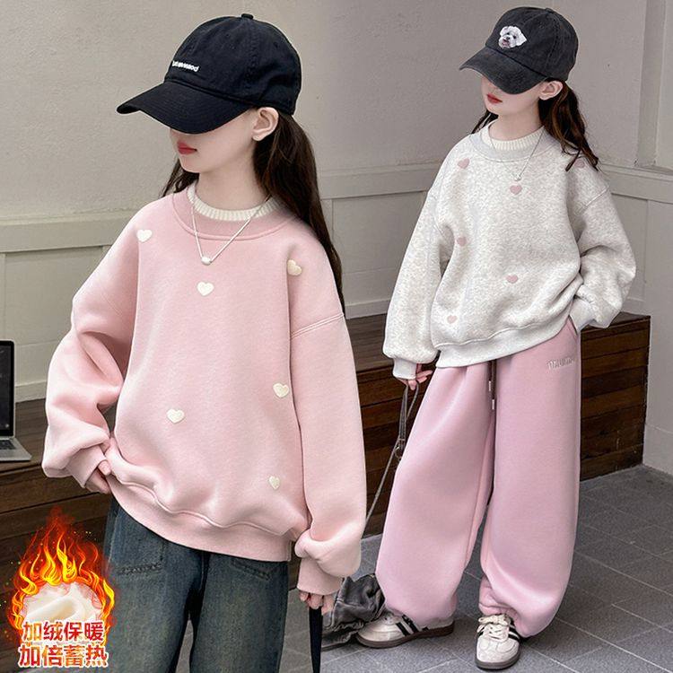 女童加绒卫衣冬装2025新款初中生加厚帽衫中大童一体绒冬季上