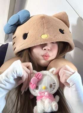 可爱KT猫u型枕连帽冬季旅行便携睡觉长途护颈椎脖子办公室带帽子