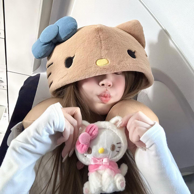 可爱KT猫u型枕颈枕旅行便携睡觉长途飞机护颈椎脖子办公室带帽子