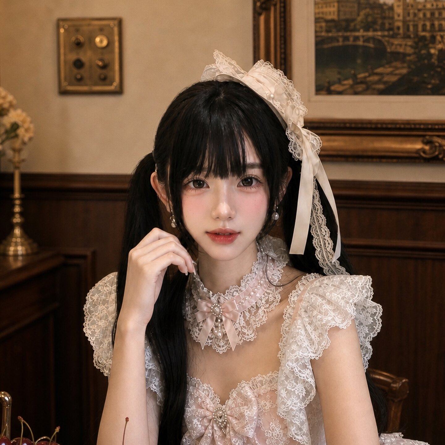 Lolita白色蝴蝶结蕾丝小礼帽发夹图片
