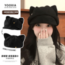 猫耳朵贝雷帽子女2025秋冬新款 显脸小复古仿麂皮绒八角画家报童帽