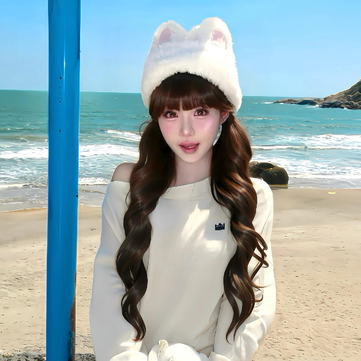 可爱兔子毛绒耳朵帽子女秋冬季针织保暖加厚显脸小防寒护耳包头帽
