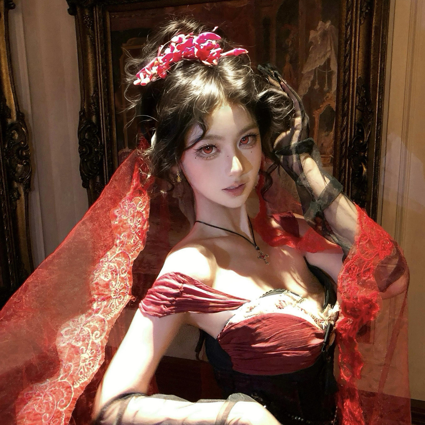 万圣节红色蕾丝花边头纱cos鬼新娘结婚拍照道具哥特氛围感装扮