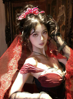 万圣节红色蕾丝花边头纱cos