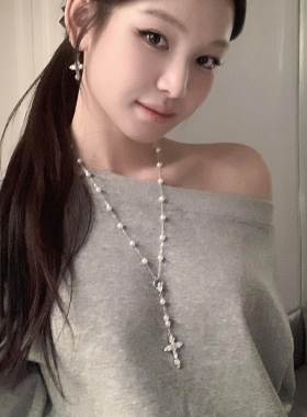 甜酷辣妹风珍珠十字架Y字链小众高级感长款项链复古个性毛衣链女