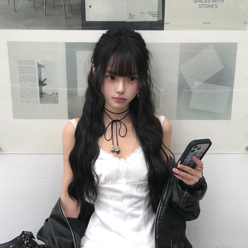 韩素希同款穿搭项链女ins性感系带蝴蝶结黑绳金属银色爱心锁骨链
