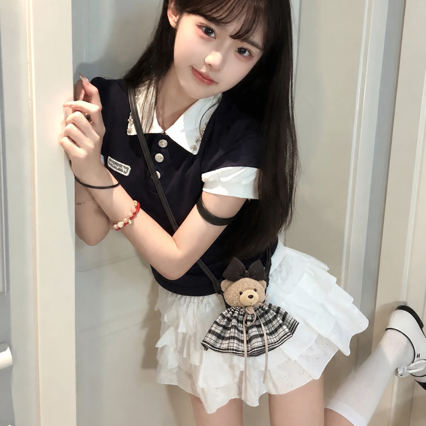 法式千金小香风格纹毛绒小熊斜挎配饰包包挂件背链服装搭配小包