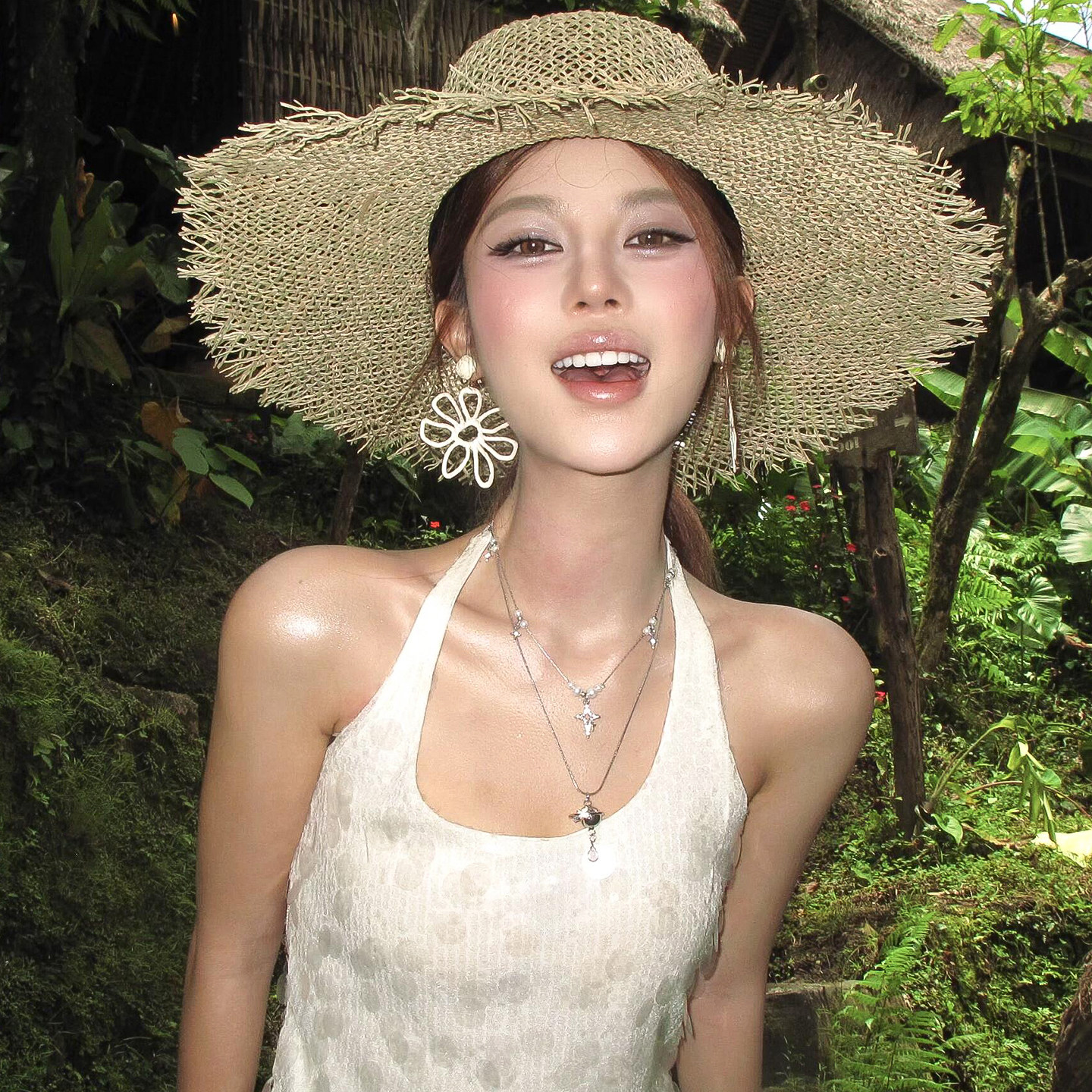 夏日海边度假风大花朵耳环波西米亚夸张草编耳饰女耳钉旅游耳夹