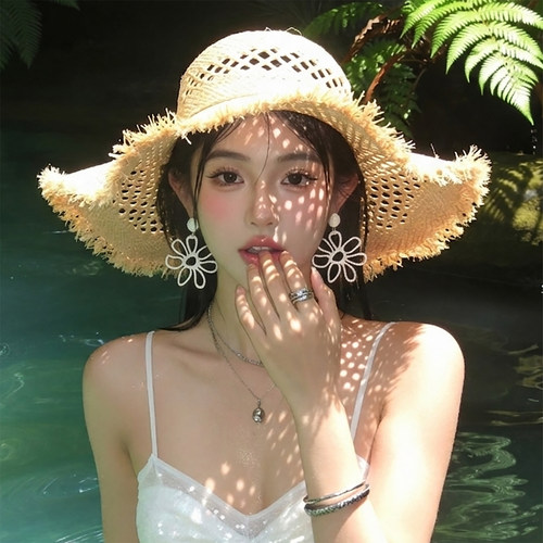 夏日海边度假风大花朵耳环波西米亚夸张草编耳饰女耳钉旅游耳夹