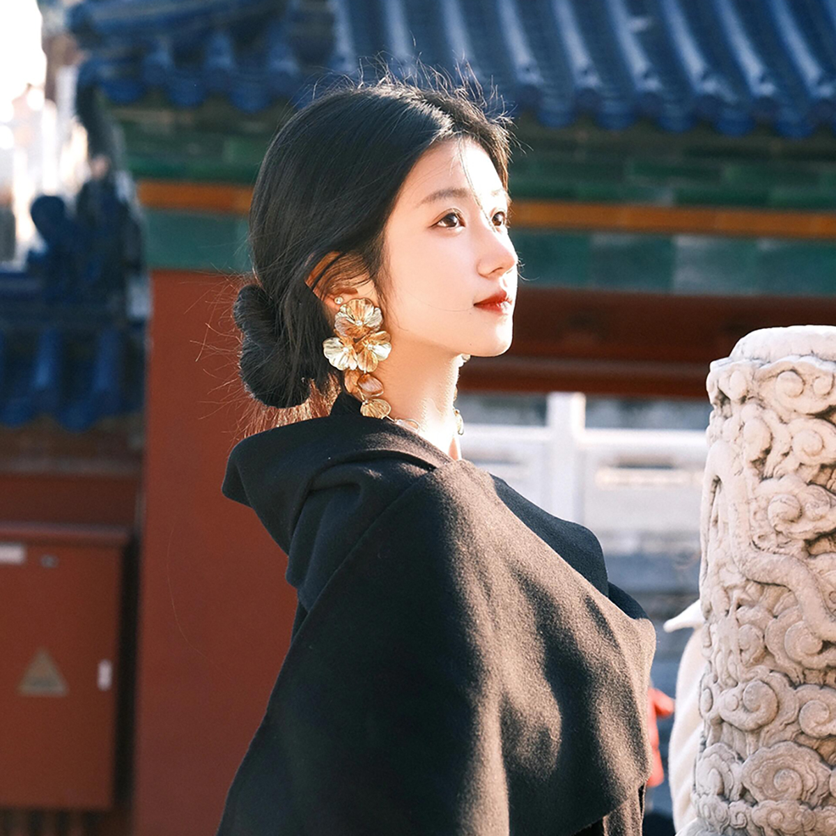 金色花朵流苏大耳环夸张气质耳夹