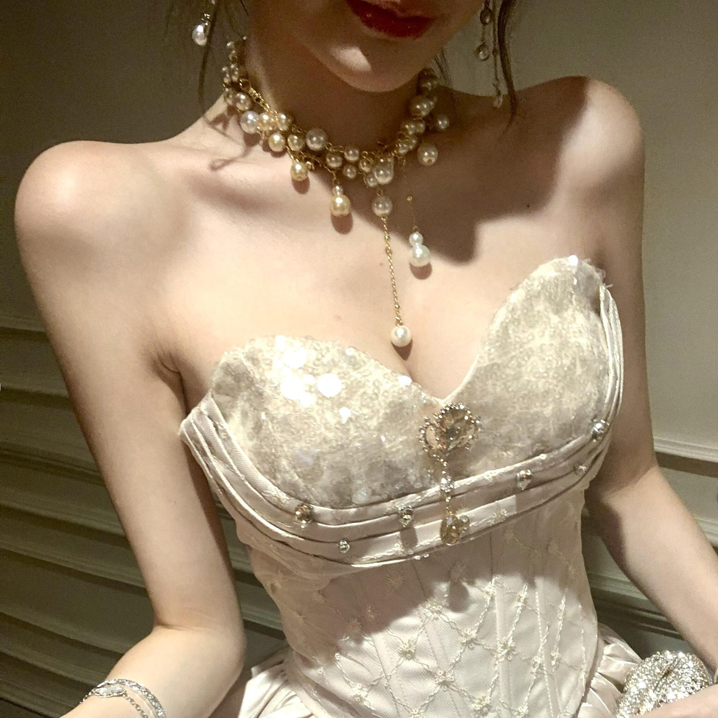 中古vintage金色珍珠十字架项链女流苏轻奢时尚高级感叠戴锁骨链