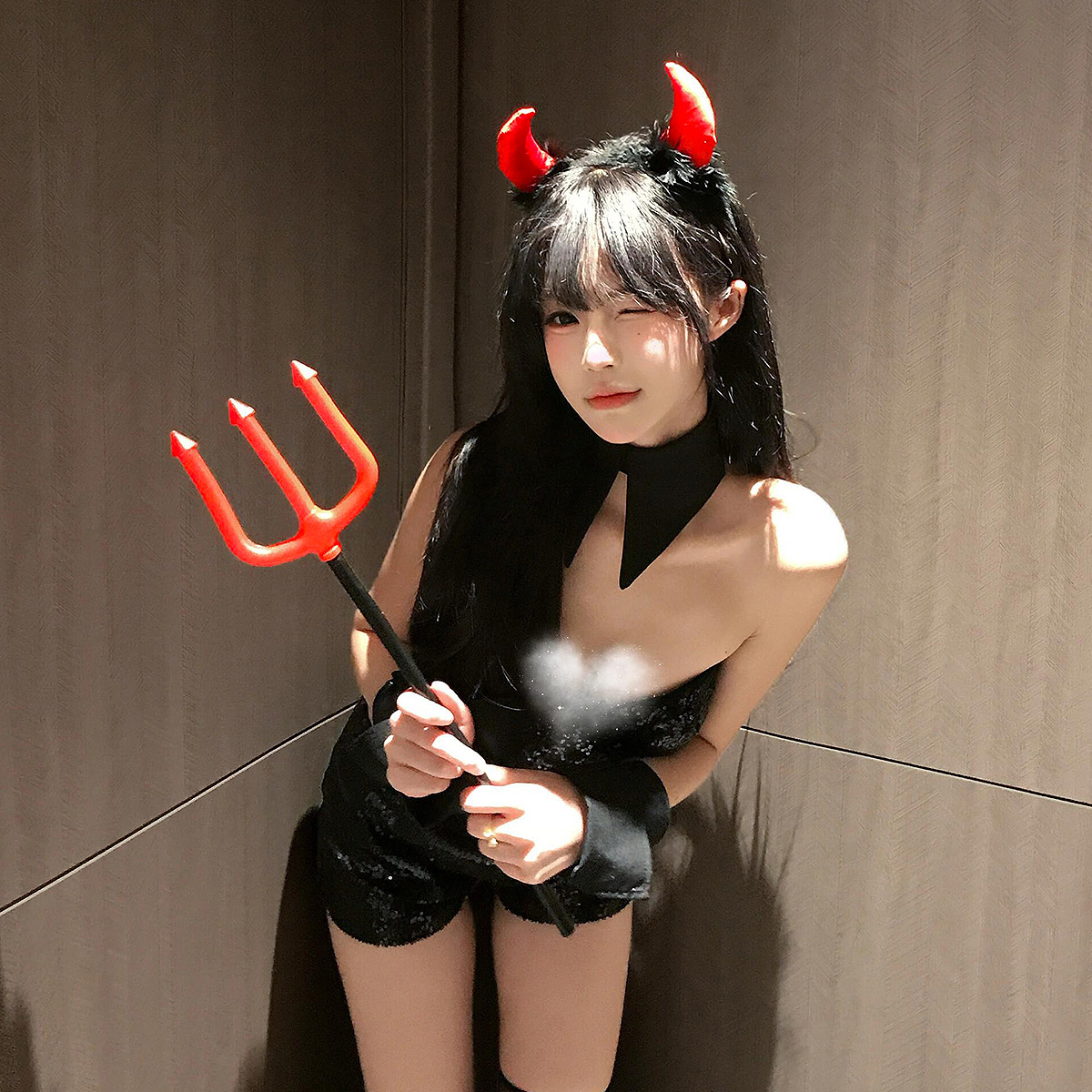 小恶魔红色牛角毛绒发箍套装万圣节cos道具头箍御姐辣妹扮演头饰