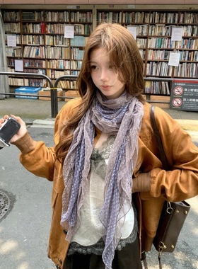 藤井树同款紫色丝巾女小众高级感薄款围巾系脖古早蕾丝长款围脖