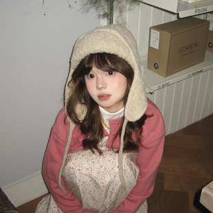 毛绒飞行帽防风护耳雷锋帽米色保暖防寒大号大码 大头针织毛线帽子