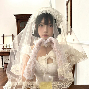 法式复古蕾丝花边头纱新娘主婚纱拖尾万圣节lolita风发饰白色头饰