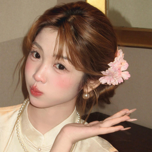 新中式 粉色发夹花朵侧边夹订婚头饰古风发卡国风旗袍发饰配饰夹子