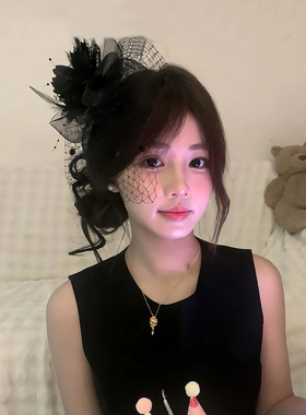 法式复古黑色网纱小礼帽头饰发夹生日拍照发饰女民国千金头纱帽子