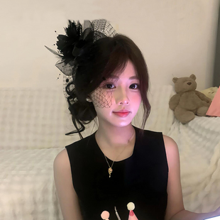 法式复古黑色网纱小礼帽头饰发夹生日拍照发饰女民国千金头纱帽子