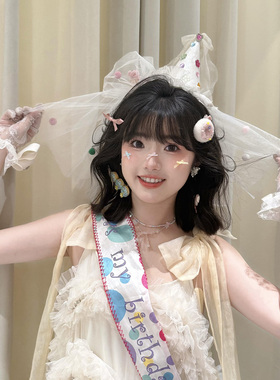 洋气公主风白色蕾丝水钻头纱生日帽甜美少女氛围感拍照头饰发饰女