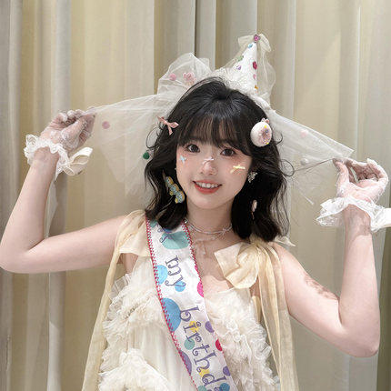 洋气公主风白色蕾丝水钻头纱生日帽甜美少女氛围感拍照头饰发饰女