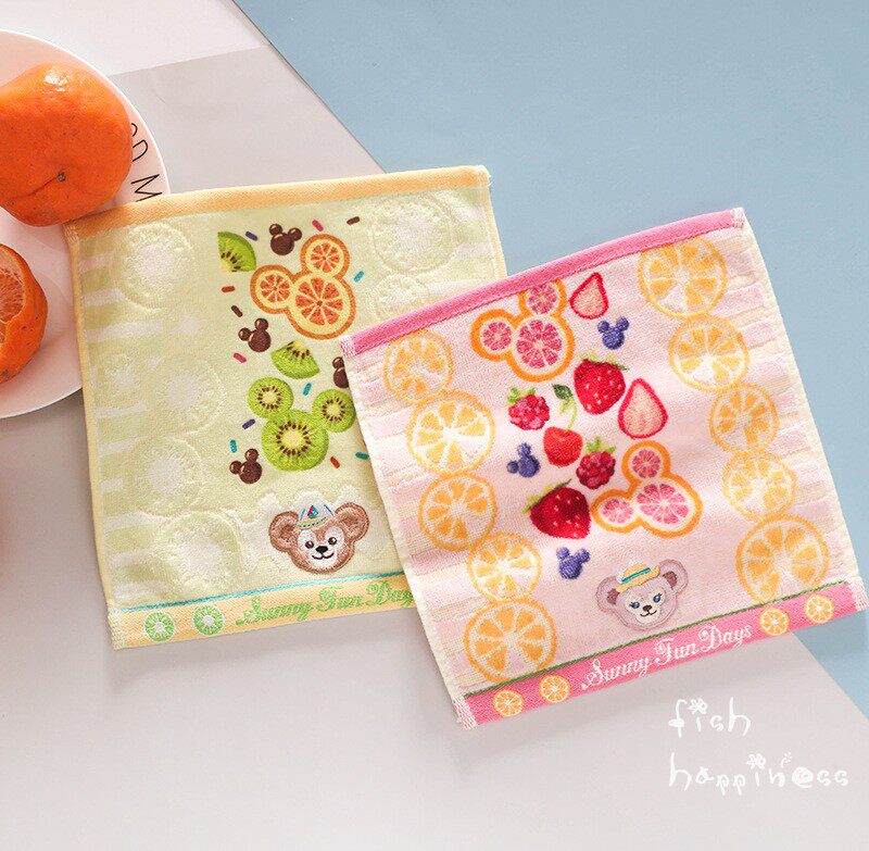 日单达菲熊纯棉刺绣小方巾水果清新雪梨玫手帕擦手巾