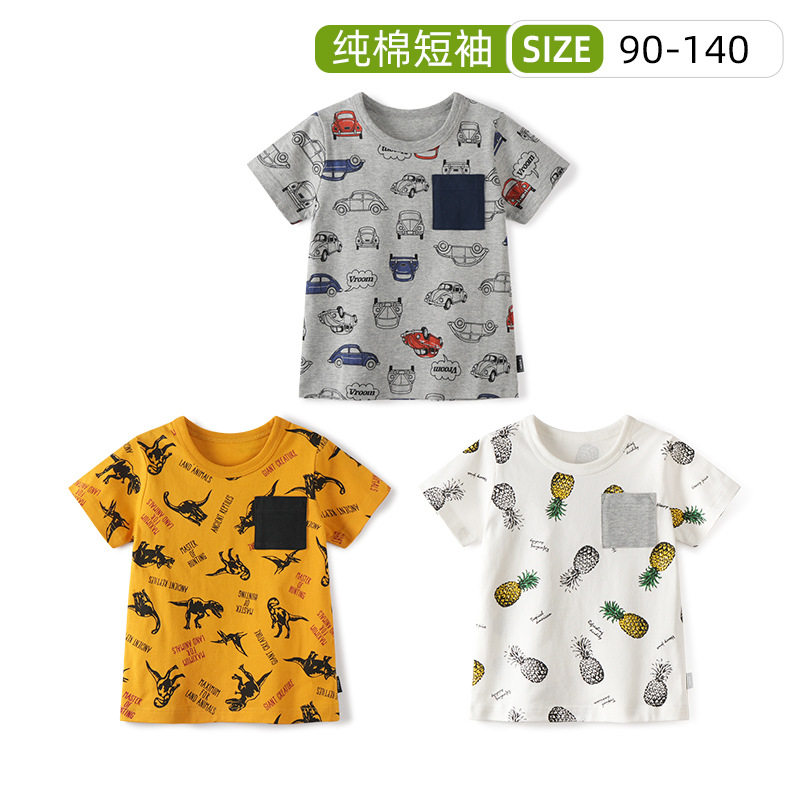 日单男童纯棉T恤夏季薄款短袖衫半袖上衣吸汗恐龙汽车90-140码