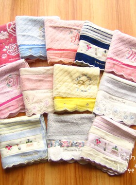 日单AT纯棉小方巾刺绣手帕毛巾女士擦手巾花朵音符25CM