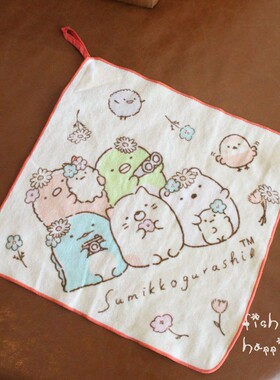 日单角落生物卡通大方巾纯棉割绒擦汗巾可爱儿童小毛巾35CM可签名