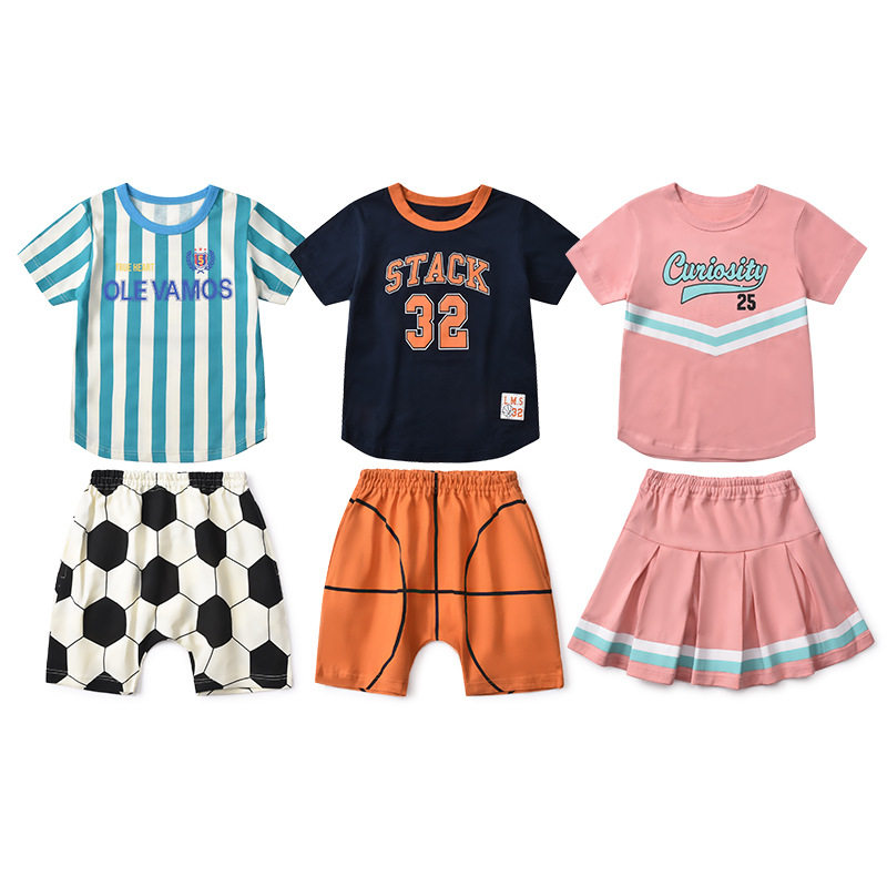 出口日本男女童夏纯棉薄款短袖短裤两件套宝宝衣服90-130码运动风