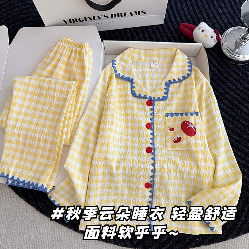 春秋季儿童新款女童云朵棉睡衣春秋格子女孩卡通开衫长袖家居套装