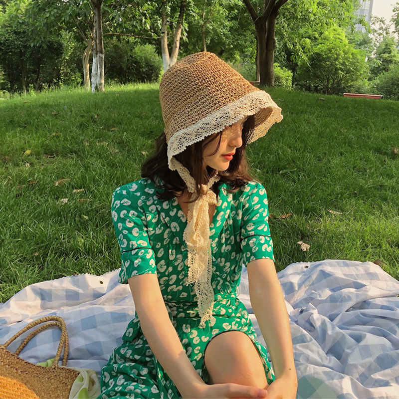 10-18新券法式小清新蕾丝花边韩版ins萝莉遮阳草帽女夏甜美可爱绑带渔夫帽
