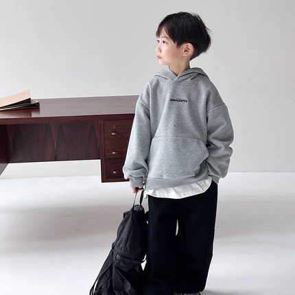 儿童红色连帽加绒卫衣2025新款中大童男童加厚上衣外套拜年服冬季