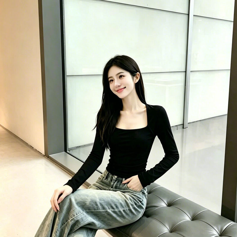 纯欲风简约方领德绒T恤女装2026秋冬新款修身显瘦内搭打底衫上衣