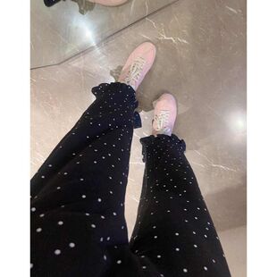 韩国东大门春夏新款波点裤脚花边设计直筒阔腿百搭显瘦休闲九分裤