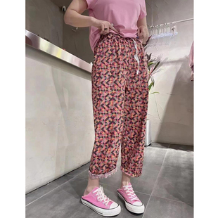 欧货春夏新款韩版彩色方格直筒裤子女时尚洋气高腰宽松显瘦九分裤