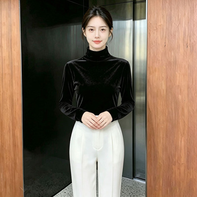 黑色半高领丝绒长袖t恤女2026早秋季新款高级感百修身打底衫上衣