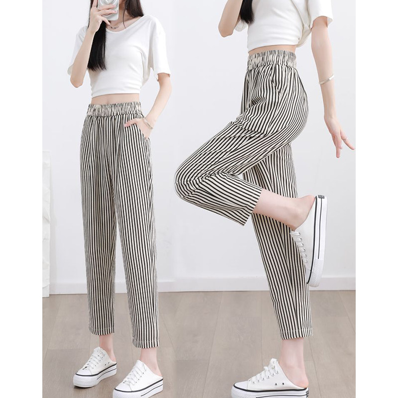 春夏新款时尚条纹九分哈伦裤女宽松高腰休闲裤黑白竖条纹直筒裤子,女装/女士精品,休闲裤,淘宝优惠券,粉丝福利购,淘宝优惠卷